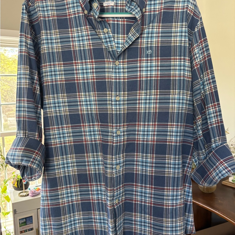 Southern Tide Medium Blue and Light Blue Plaid Button-Down Shirt